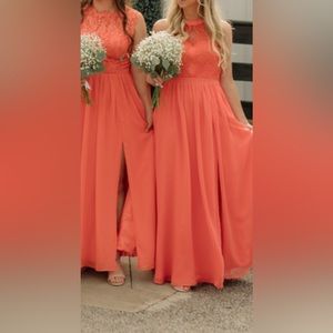JJs house Bridesmaid Dress. Chiffon Aline Halter dress in Papaya